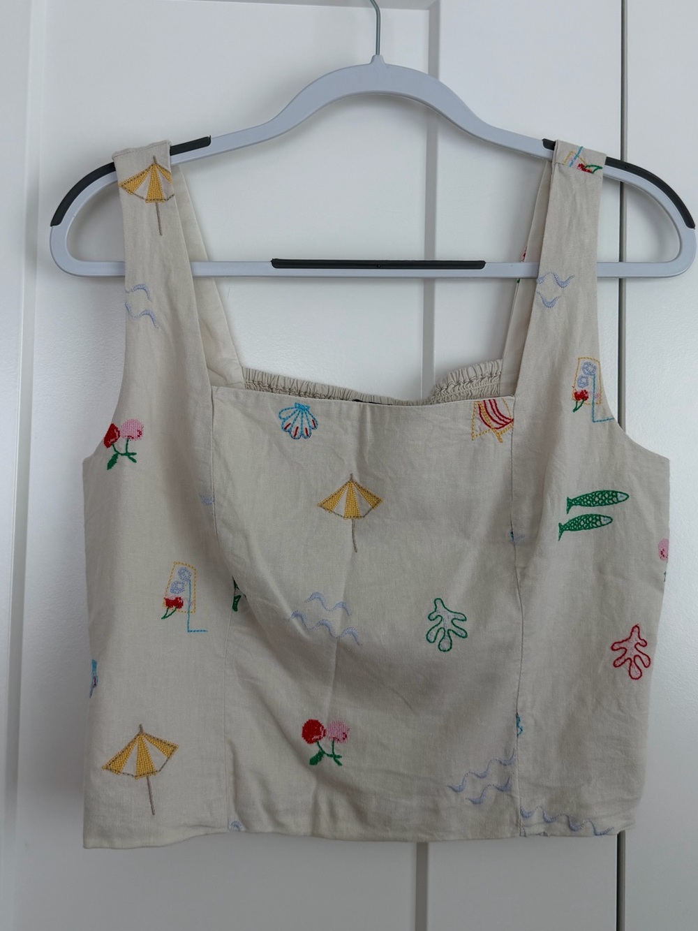 Gap Embroidered Beach Print Linen Blend Tank Top Coastal Summer Top Size M